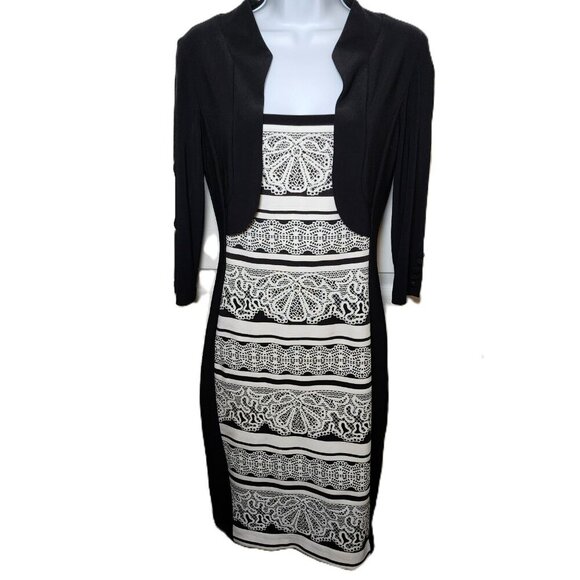 Joseph Ribkoff Size 6 Aztec Print Dress with Bolero Jacket | Black White Elegant - Picture 5 of 8